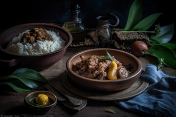 Filipino dish set in an atmospheric, rustic setting featuring tender stewed meat accompanied by white rice, garnished with native spices and herbs.