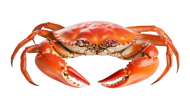 A close up studio shot of a cooked crab with orange shell and claws on a black isolated background on transparent background