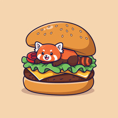 Cute Cartoon Red Panda Nestled Inside Juicy Hamburger . Vector Illustration of Whimsical Food Mashup