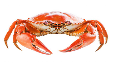 A close up of a cooked crab with a red shell and large claws isolated against a black background on transparent background