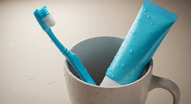 Toothbrush and toothpaste in a mug for dental hygiene.