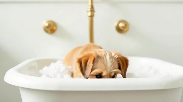 Charming young puppy enjoys relaxing bath in a stylish, vintage-inspired tub. Golden faucets and clawfoot details create an elegant atmosphere. Ideal image for pet spa, hygiene, or luxury themes.
