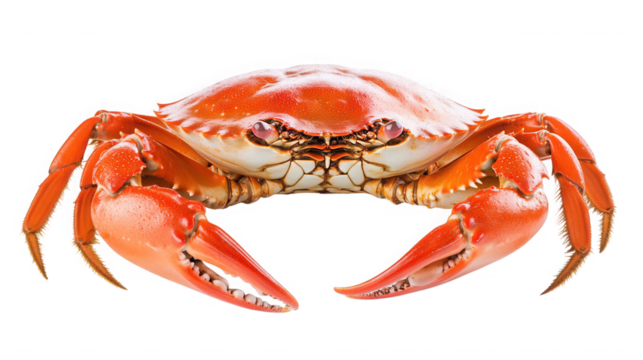 A close up of a cooked crab with a red shell and large claws isolated against a black background on transparent background