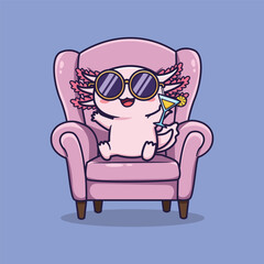 Cute Cartoon Axolotl Relaxing in Pink Armchair with Cocktail and Sunglasses . Vector Illustration of Whimsical Leisure Scene