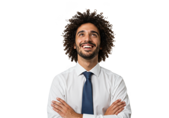 Smiling man with arms crossed looking up on transparent background