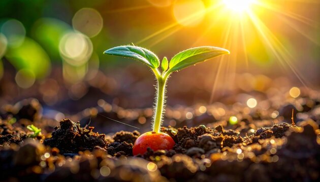 Extreme close-up of a tomato seed cracking open in moist soil, revealing a tiny green