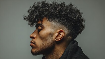 A young man with stylish curly hair and a thoughtful expression, showcasing modern grooming and individual style