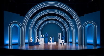 Modern Stage Design with Blue Arches and Minimalist White Objects.