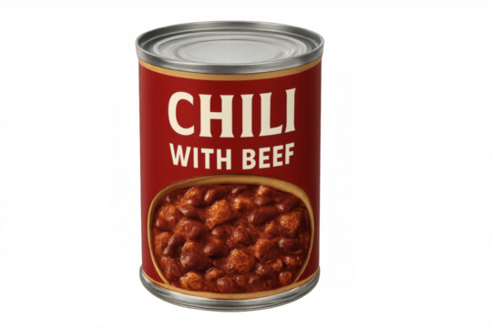 Canned chili with beef, food preserving concept