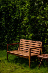A wooden bench sits peacefully on a green lawn, surrounded by lush bushes and soft sunlight. The natural tones and serene setting create a calm, inviting atmosphere for rest and relaxation.