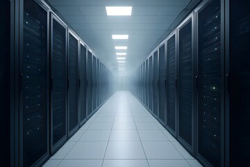 Modern server room corridor with glowing racks extending into a hazy distance, representing advanced digital infrastructure.