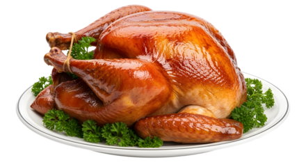 A perfectly roasted golden brown whole turkey, garnished with fresh parsley, isolated on transparent background