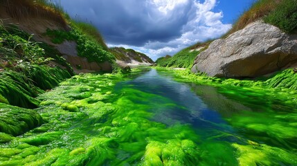 Green Algae Bloom in Lagoon Landscape, Coastal Scenery