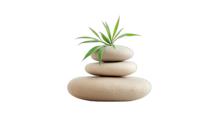 Stacked zen stones, green bamboo, and a leaf create a peaceful image of nature, balance, and harmony for relaxation and wellness