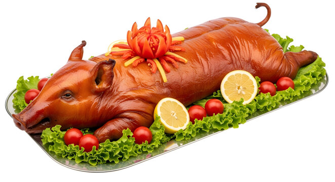 Whole roasted pig with crispy skin, garnished with tomatoes, lemon slices, and lettuce, isolated on transparent background
