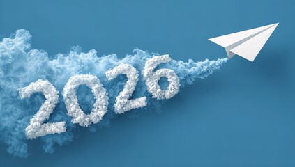 Soar into the future with a paper airplane leaving a trail of clouds, symbolizing 2026 progress and innovation