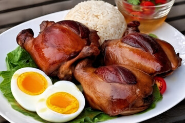 Tender smoked chicken served with steamed rice and perfectly boiled eggs, garnished with fresh greens for a flavorful and hearty Filipino meal.