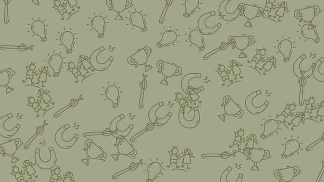 Background of assorted items like lightbulbs, magnets, and trophies. Great for illustrating creativity, innovation, and variety in designs.