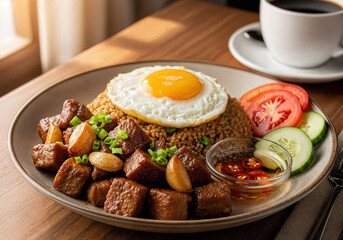 A classic Filipino dish featuring savory fried rice topped with a sunny-side-up egg, tender pork cubes with garlic, fresh cucumber and tomato slices, and a side of spicy vinegar dipping sauce.