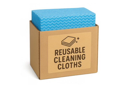 Box of reusable cleaning cloths promoting eco-friendly household