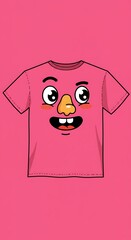 Pink T-shirt with a cartoon face design, a fun and playful graphic.