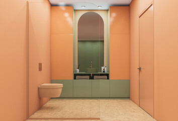 Modern pastel bathroom with orange walls, green cabinetry, arched mirror, and floating toilet in minimalistic style on tiled floor background. 3D Rendering