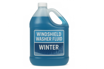 Blue windshield washer fluid in plastic container