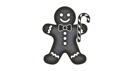 Black gingerbread man with candy cane on white background