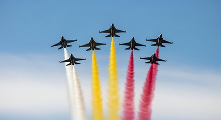 Aerial display of seven fighter jets emitting colored smoke trails against a clear blue sky backdrop