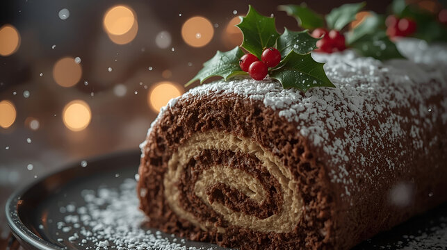 Ultra-realistic cinematic close-up of a beautifully decorated Christmas chocolate yule log cake