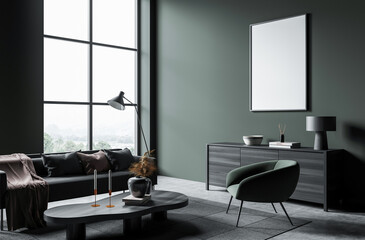 Contemporary interior scene showing a blank poster mockup on a green wall, with modern furniture and decor elements, in a minimalist concept. 3D Rendering