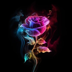 Ethereal Spectrum Rose — Vibrant Multicolor Flower with Glowing Petals and Mystical Smoke on Black Background