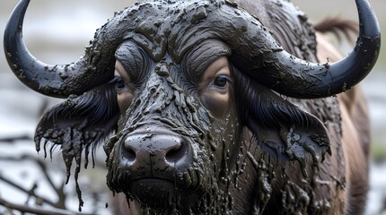 A detailed close-up of a buffalo bull's head, specifically a Syncerus caffer, with a thick layer of muddy texture coating its distinctive curved horns and facial features, the mud appearing damp and f