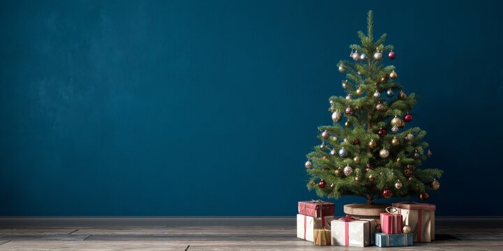A Beautifully Decorated Christmas Tree Surrounded by Colorful Presents in a Cozy Holiday Setting Against a Rich Blue Wall