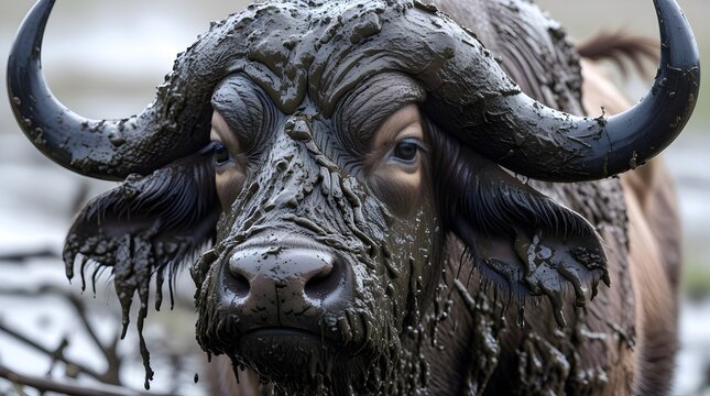 A detailed close-up of a buffalo bull's head, specifically a Syncerus caffer, with a thick layer of muddy texture coating its distinctive curved horns and facial features, the mud appearing damp and f