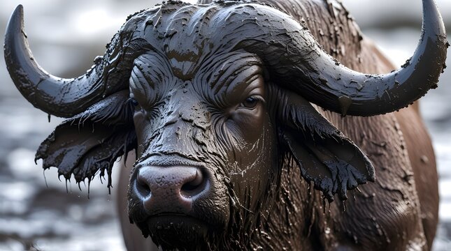 A detailed close-up of a buffalo bull's head, specifically a Syncerus caffer, with a thick layer of muddy texture coating its distinctive curved horns and facial features, the mud appearing damp and f
