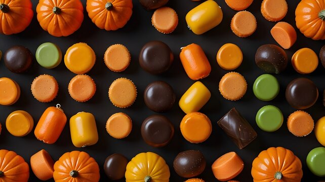 Group of chocolate candis and candy candis on black background with orange.