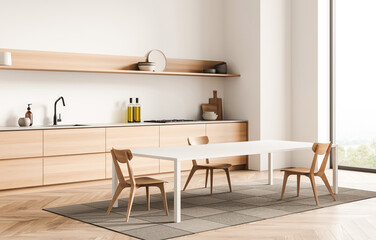 Minimalist kitchen with light wood cabinets, white table, and three wooden chairs on checkered rug, 3D Rendering, bright interior with natural light