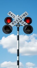 Railroad crossing signal with flashing red lights against blue sky.