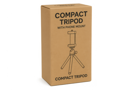 Cardboard box for compact tripod with phone mount
