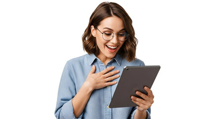 Naklejka premium Excited Woman with Tablet Device Positive Reaction Digital Technology Achievement