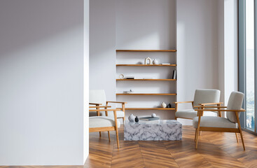 Modern minimalist living room interior with light wooden furniture, marble table, and built-in shelving on white wall, 3D Rendering