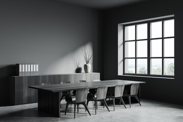 Contemporary office meeting room with long wooden table and chairs, minimalist design, natural light through large window, concept of corporate workspace, 3D Rendering