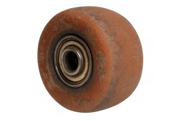 Used orange skateboard wheel with bearing on transparent background