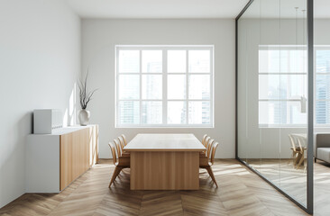 Minimalist office meeting room with wooden furniture, chevron wood floor, and large window, surrounded by white walls and glass partition. 3D Rendering