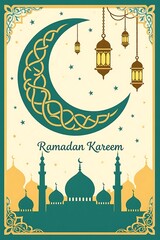 Ramadan Kareem greeting card with crescent moon, lanterns, and mosque silhouette.