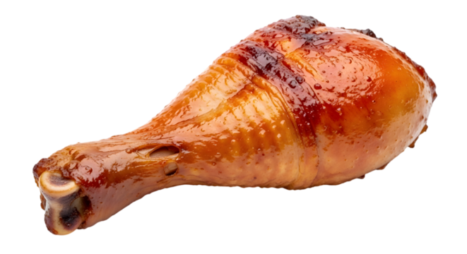 A delicious and juicy roasted turkey leg, isolated on transparent background, showcasing its crispy brown skin and tender meat, perfect for a holiday feast or a hearty meal