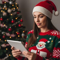 Woman in Christmas sweater using tablet near decorated tree.