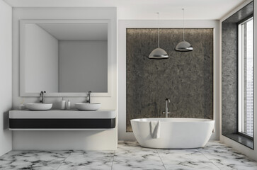 Contemporary bathroom with marble floor, freestanding tub, floating vanity with two sinks, large mirror, pendant lights and concrete wall. 3D Rendering