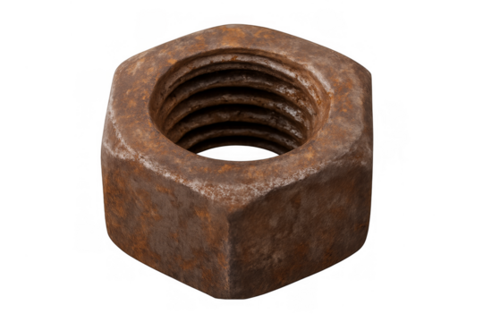 Rusty hex nut showing metal corrosion and industrial wear